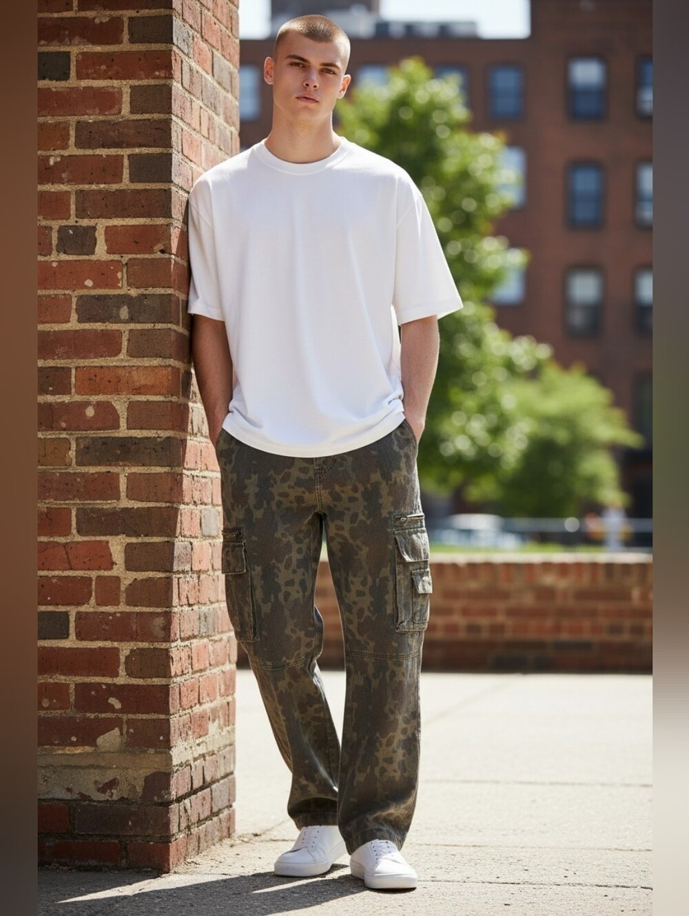 Brooklyn Laundry 100% Cotton Cargo Denim Pants‎ Olive Camo Casual Utility Style
